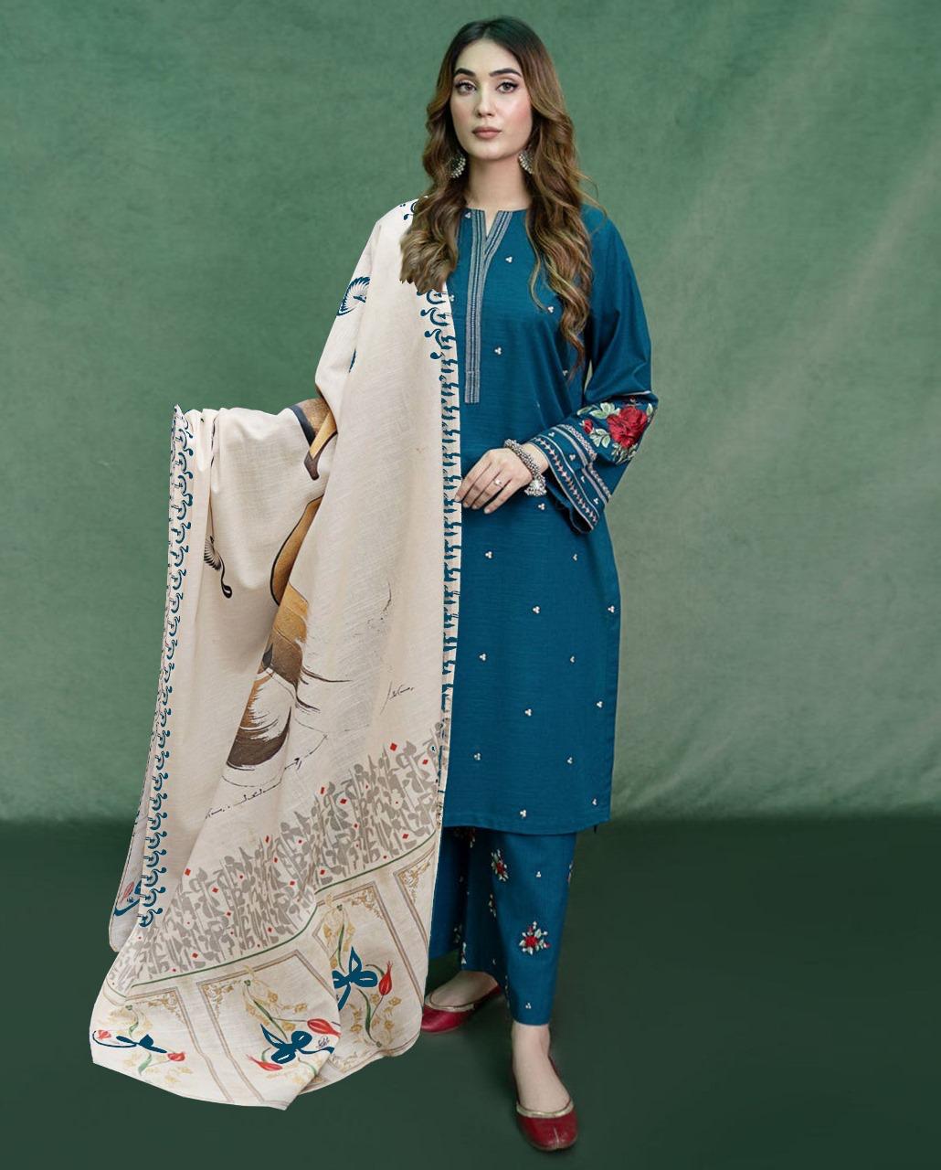 3- Piece Embroidered Dhanak Dress with Wool Shawl