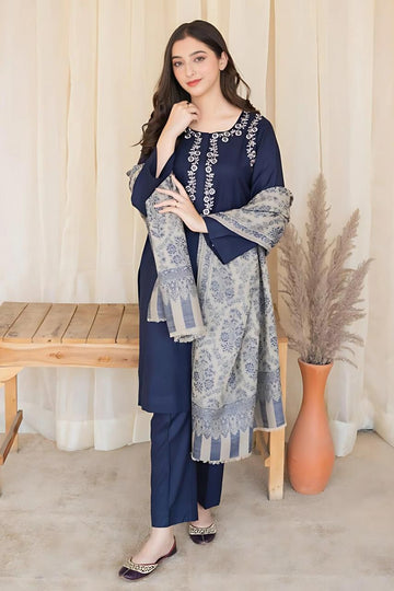 3- Piece Embroidered Dhanak Dress with Wool Shawl